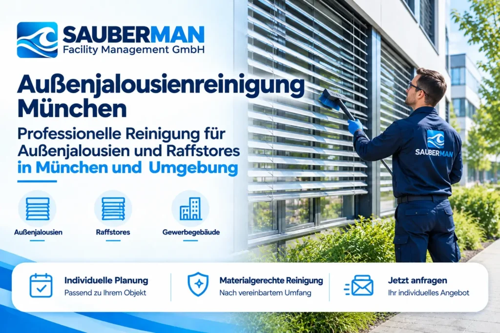 Current image: Sauberman-Werbebanner für Außenjalousienreinigung München mit Mitarbeiter beim Reinigen von Lamellen