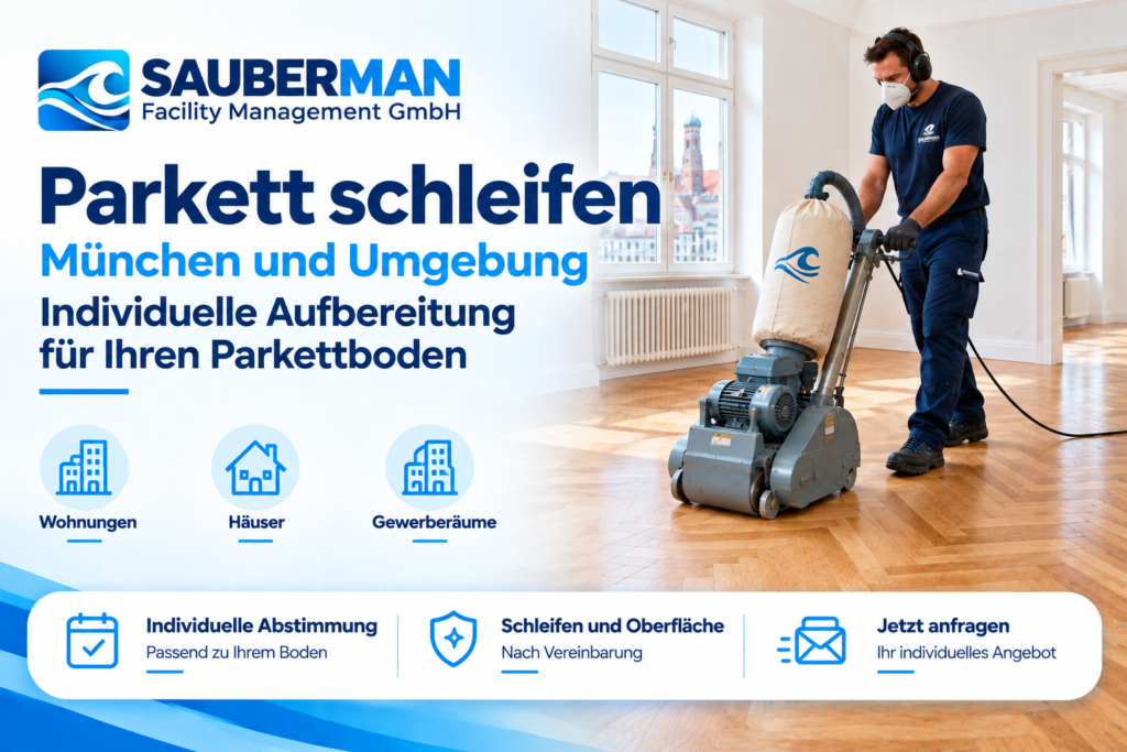 Current image: Sauberman-Werbebanner zum Parkettschleifen in München mit Mitarbeiter und Schleifmaschine auf Fischgrätparkett