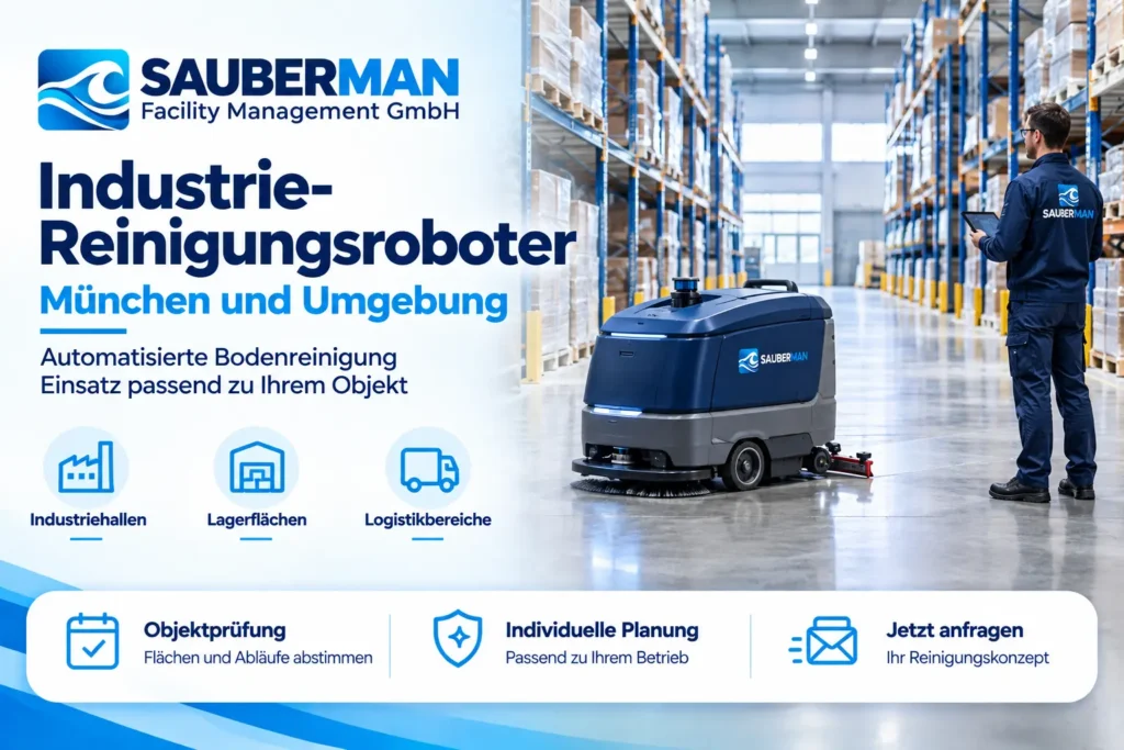 Current image: Sauberman-Werbebanner für Industrie-Reinigungsroboter in München mit Bodenreinigungsroboter in einer Lagerhalle