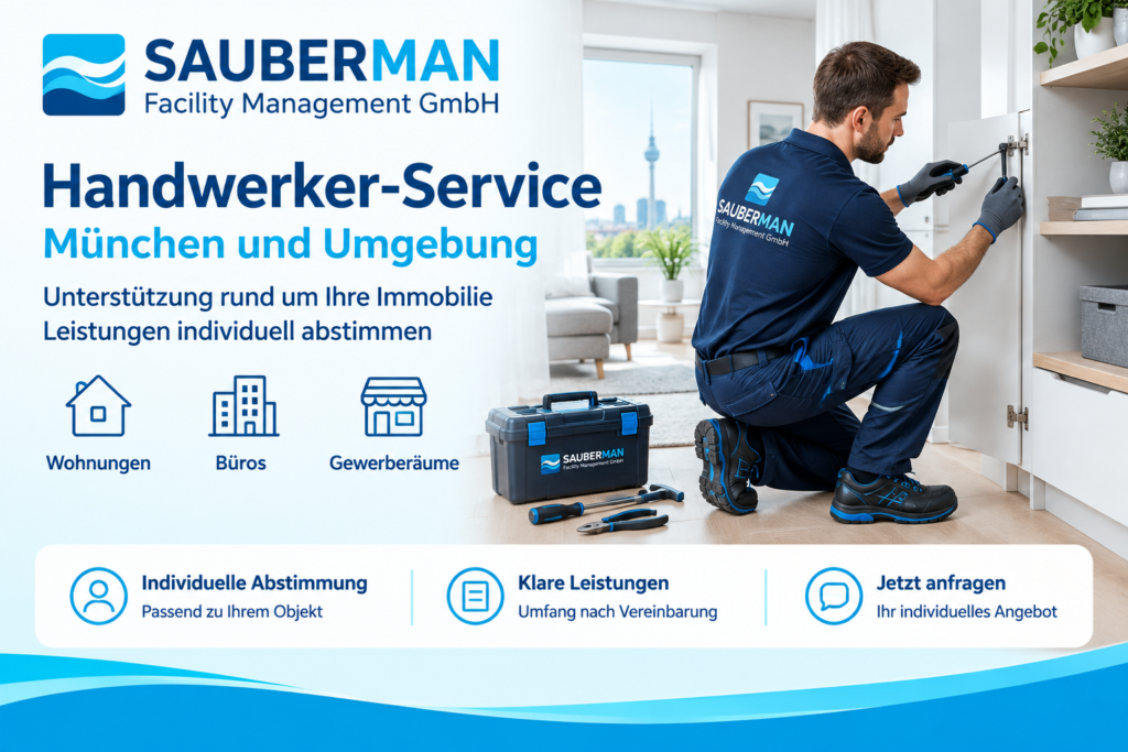 Sauberman-Werbebanner für Handwerker-Service München mit Mitarbeiter bei einer Arbeit an einem Schrank