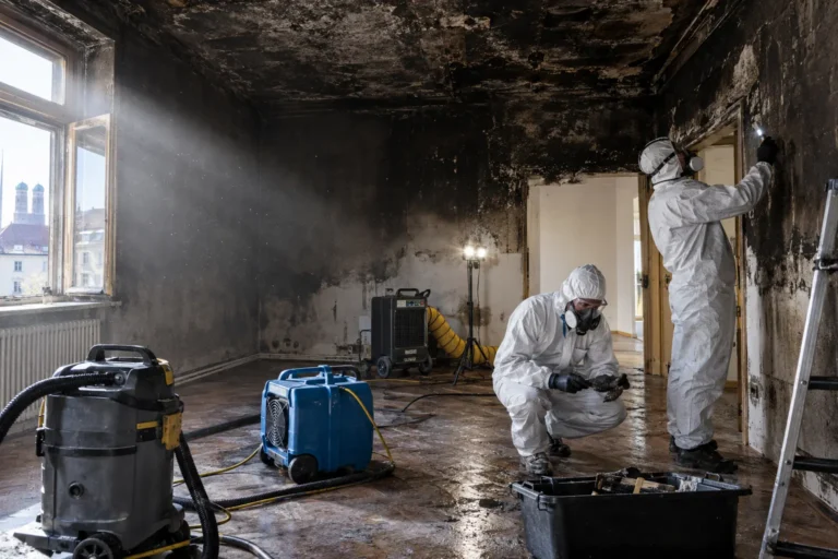 Fachleute in Schutzausrüstung bei der Brandschadensanierung in einer Münchner Altbauwohnung"