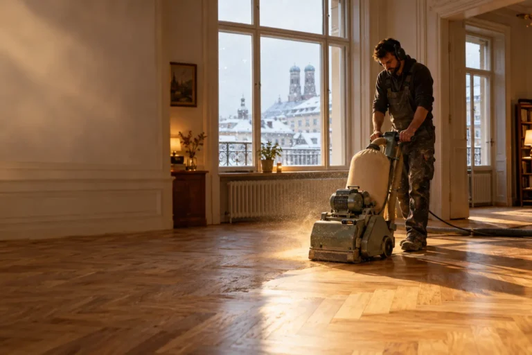 „Parkettschleifer schleift Fischgrätparkett im Winter in einer Münchner Altbauwohnung"