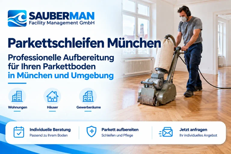 Sauberman-Werbebanner für Parkettschleifen in München mit Mitarbeiter an einer Parkettschleifmaschine