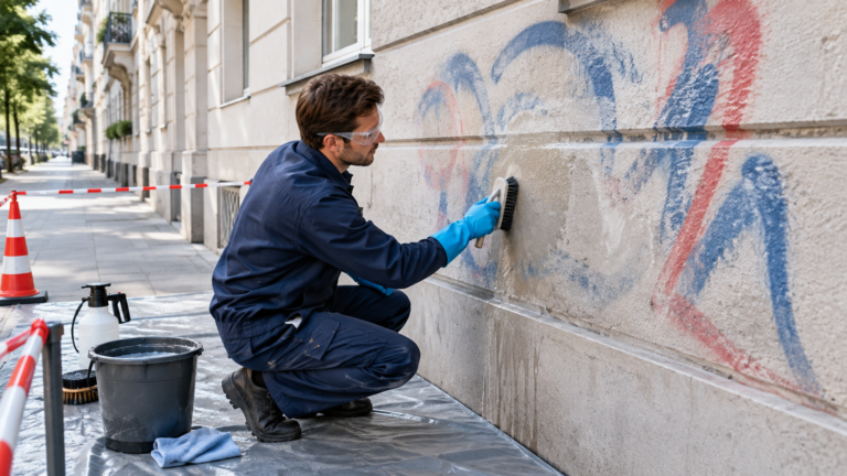Graffitientfernung an einer Gebäudefassade in München