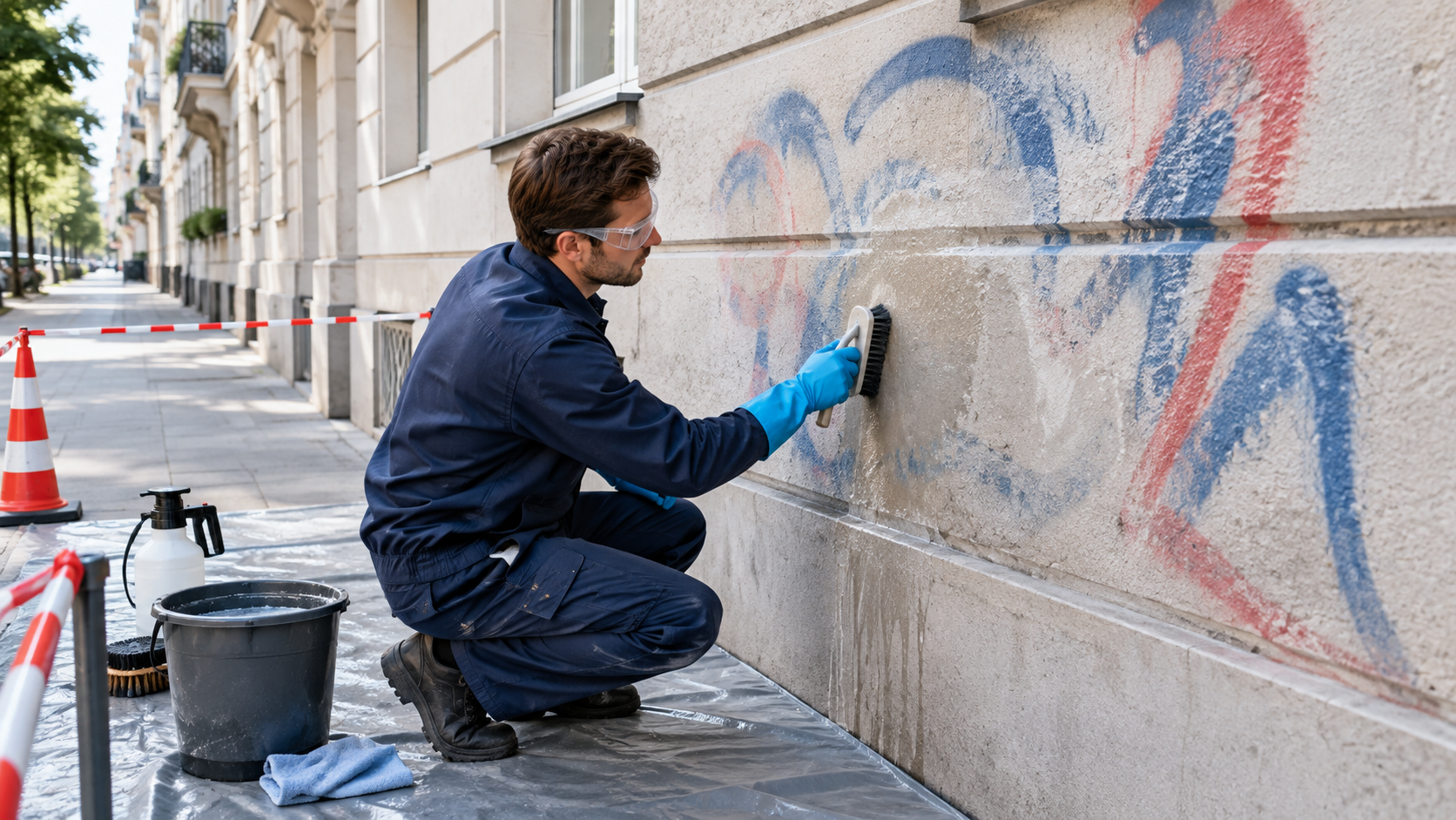 Graffitientfernung an einer Gebäudefassade in München